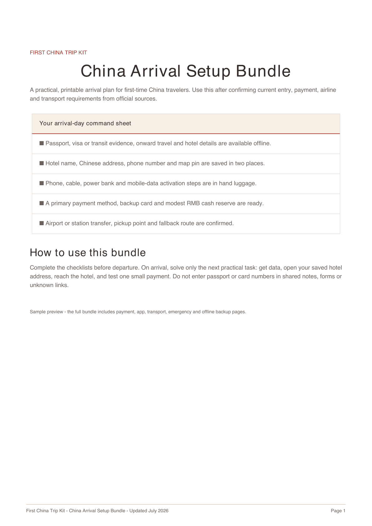 China Arrival Setup Bundle command sheet preview