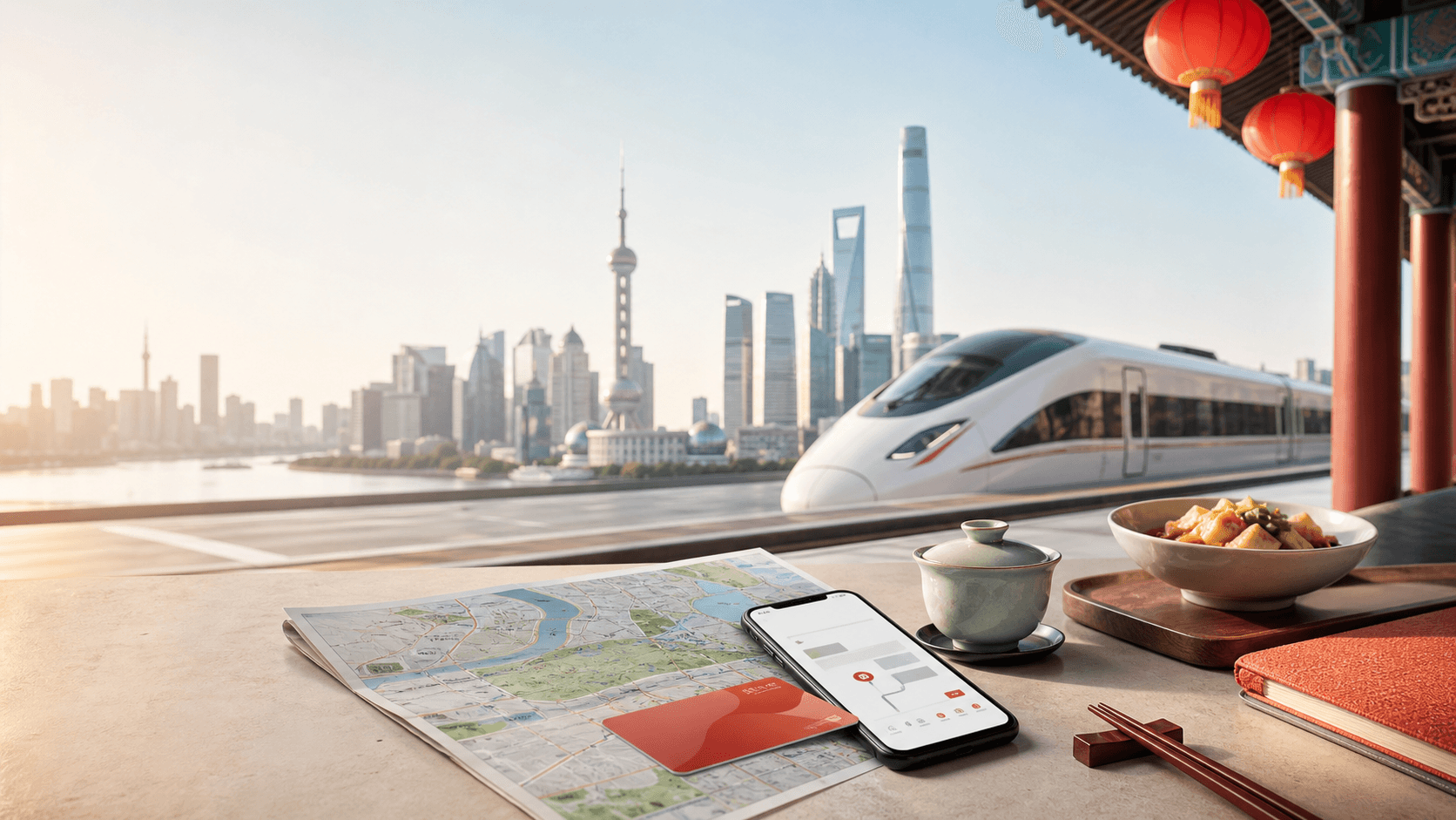 China travel planning table with train, map, phone, and city elements