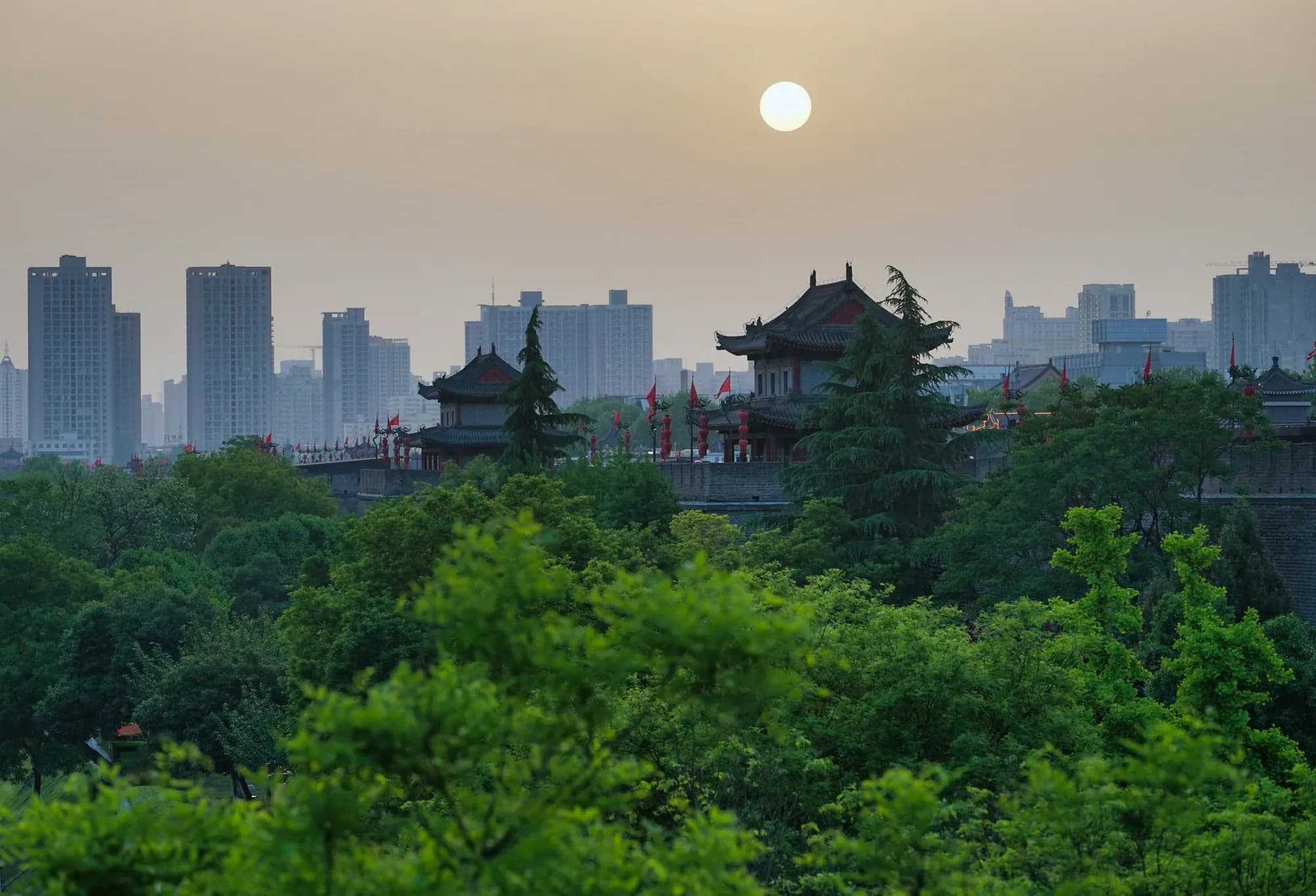 Xi'an Ancient City Wall and watchtowers at sunset