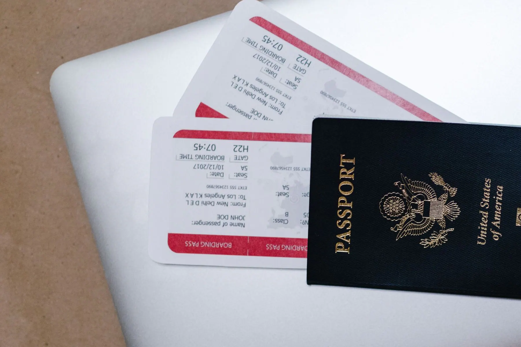Passport and flight documents laid out for a final pre-flight check