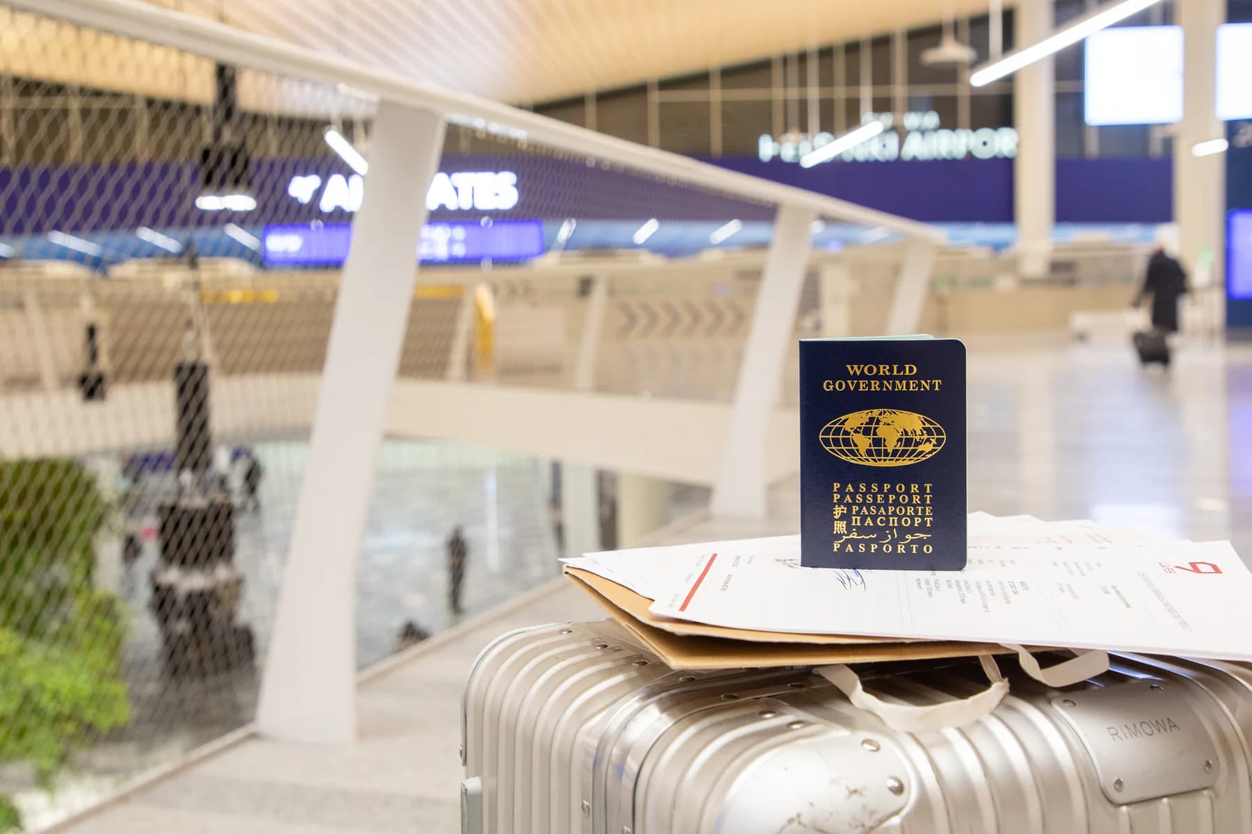Passport, boarding pass, and luggage prepared for an international transit journey
