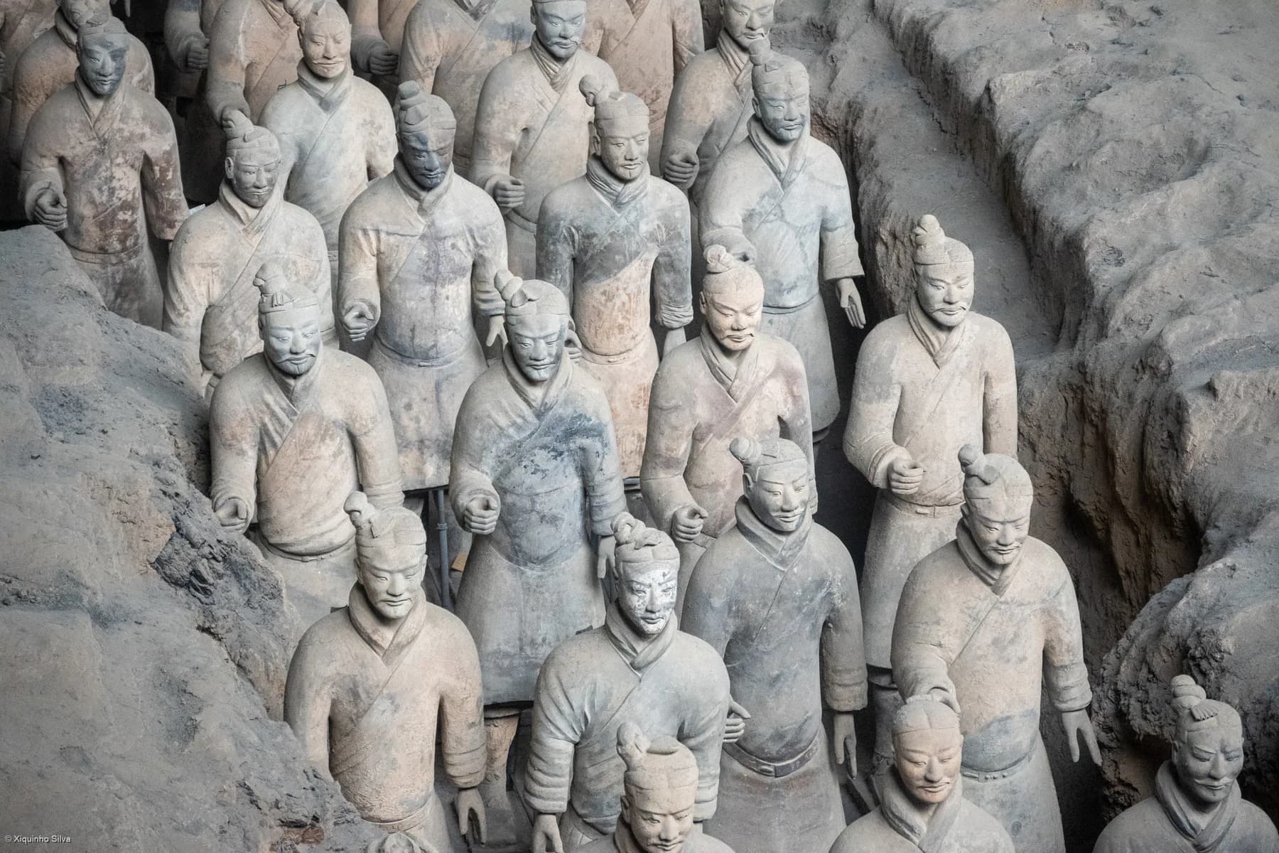 Rows of Terracotta Warriors inside the excavation hall near Xi'an