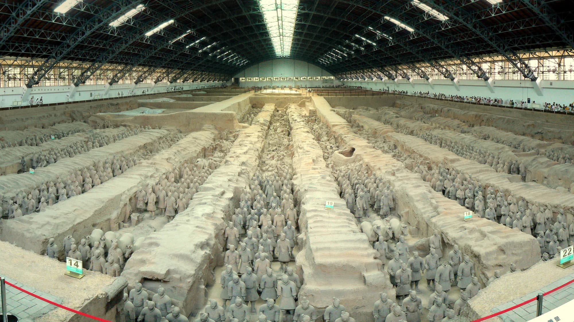 Wide view across the Terracotta Army excavation pits near Xi'an