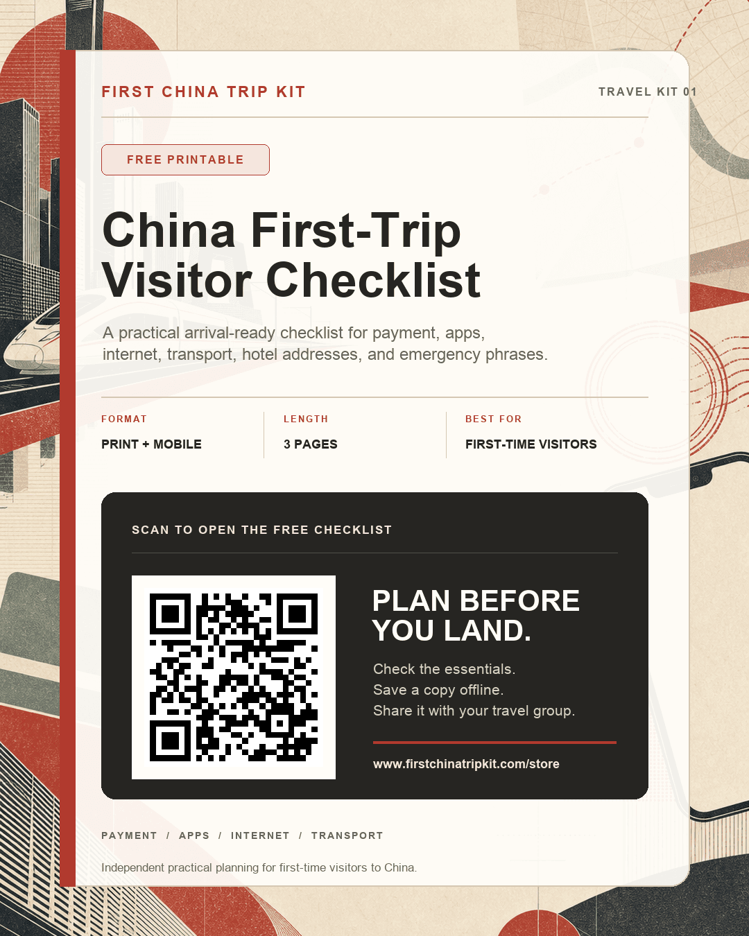 Share card for the free China First-Trip Visitor Checklist with a QR code and firstchinatripkit.com website address